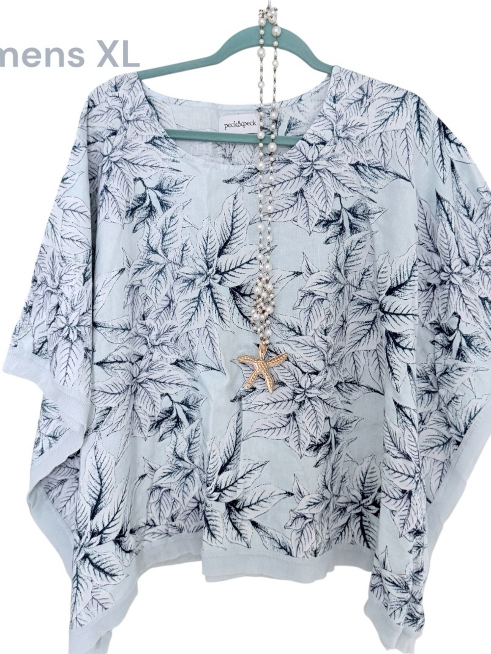 Peck & Peck Womens Top XL blue linen floral tropical batwing short sleeve EUC